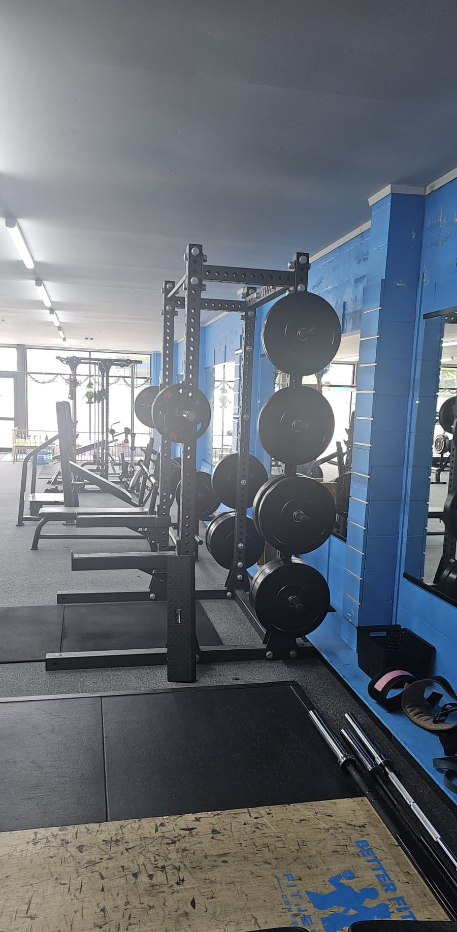 The power rack and its tree of Olympic plates, with daylight coming through the front windows behind